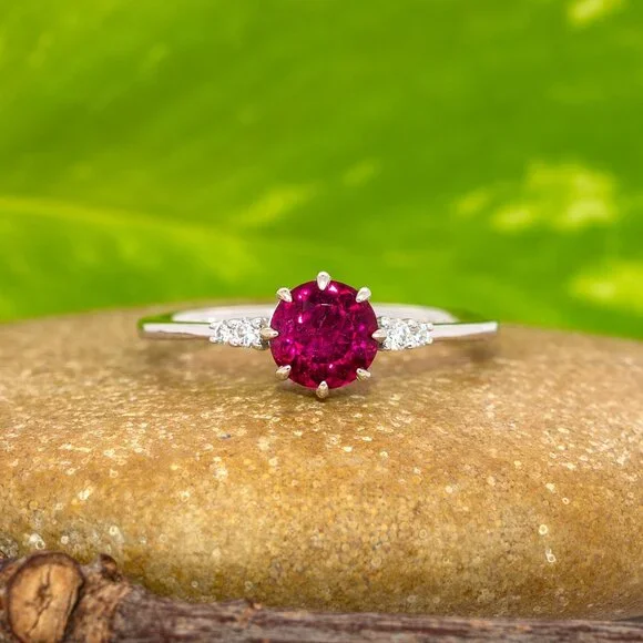 Round Rubellite Tourmaline Ring in Solid 14K White Gold with Diamond Accents